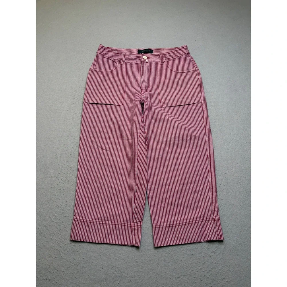 Lee Riveted Crop Pants Womens 8P Red White Hickory Stripe Vintage 90s Wide Leg